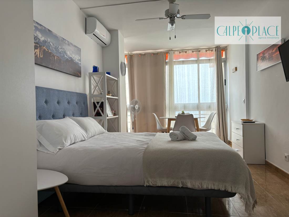 The Dorada studio with the bed, the ceiling fan and the sea light coming through the window