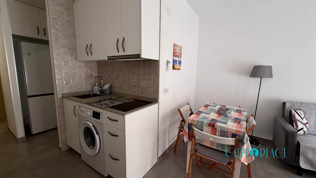 Open-plan kitchen with ceramic hob, extractor hood and washing machine