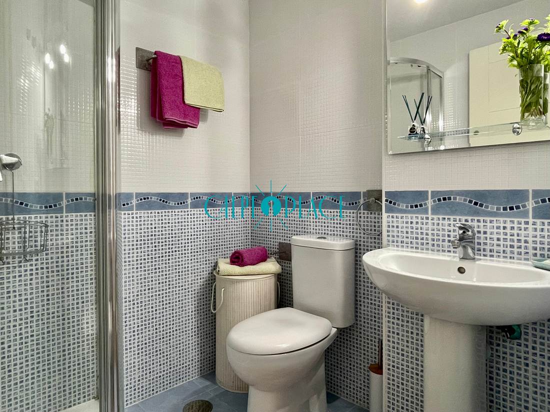 Segundo baño, con plato de ducha y alicatado azul