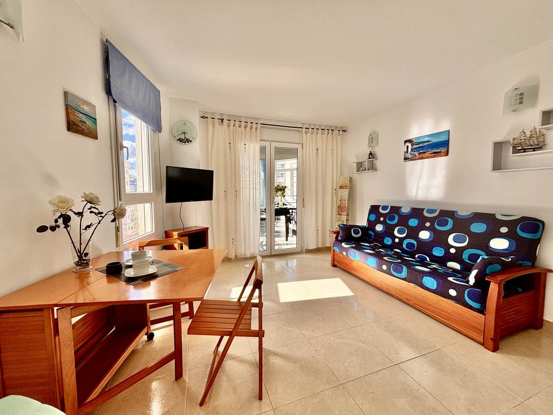 Salón con sofá de estampado azul y mesa de comedor