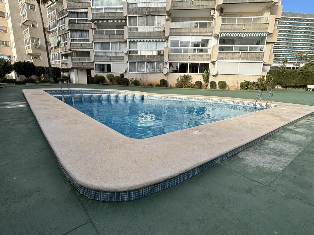 The building's long communal pool with a sun terrace